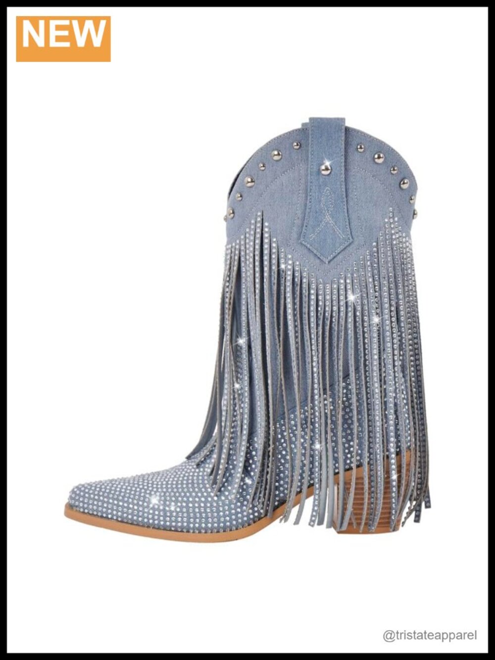 Sparkly Fringe Cowgirl Boots Western Mid-Calf Rhinestone Pull-On